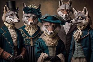 Varg vargar djur klädd i victorian epok Kläder illustration generativ ai foto
