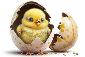 Lycklig leende söt liten kyckling kommande ut o f de påsk ägg isolerat på vit bakgrund tecknad serie manga stil illustration generativ ai foto