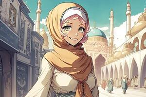 skön anime manga flicka i istanbul illustration generativ ai foto