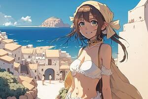 skön anime manga flicka i santorini ö grekland illustration generativ ai foto