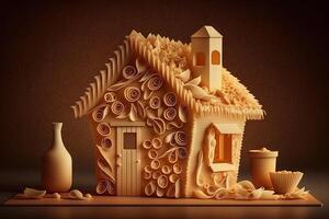 små hus tillverkad ut av pasta illustration generativ ai foto