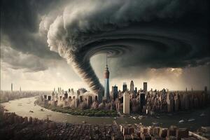 ny york stad USA virvlande tornado förstöra byggnader orkan fara vind vattenpip fixare storm naturlig katastrof illustration generativ ai foto