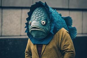 man förtäckt med en fisk kostym för de april dåre dag skämt illustration generativ ai foto