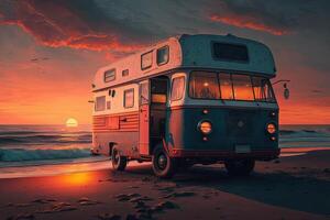 husbil skåpbil rv på solnedgång på strand illustration generativ ai foto
