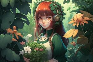 Söt manga flicka med en grön tumme, växande en skön trädgård av exotisk växter och blommor illustration generativ ai foto