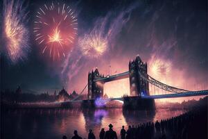fira ny år eve i London fyrverkeri i de himmel illustration generativ ai foto
