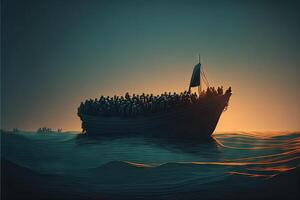 migranter på båt i medelhavs hav dramatisk scen illustration generativ ai foto