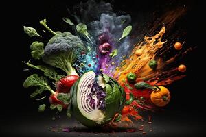 färsk blandad grönsaker exploderar. friska äter begrepp. svart bakgrund illustration generativ ai foto