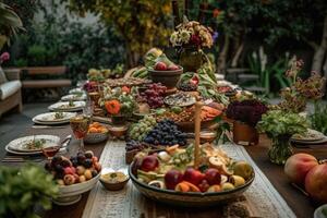 ramadan kareem utomhus- iftar måltid med ett array av färsk, säsong- frukt och grönsaker och skön blommig arrangemang illustration generativ ai foto