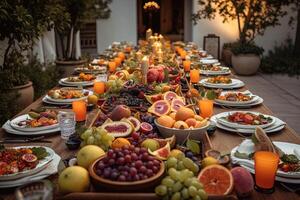 ramadan kareem utomhus- iftar måltid med ett array av färsk, säsong- frukt och grönsaker och skön blommig arrangemang illustration generativ ai foto