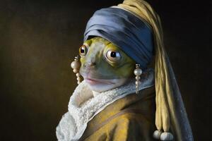 groda djur- med en pärla örhänge i johannes vermeer stil illustration generativ ai foto