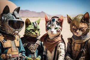 grupp av katter klädd upp i cosplay kostymer, delta en sci - fi konvent på en avlägsen planet och Framställ för foton med utomjording fläktar illustration generativ ai
