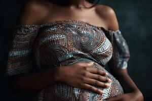 stänga upp av afrikansk gravid kvinna innehav mage med händer graviditet, moderskap, förberedelse och förväntan begrepp. illustration generativ ai foto
