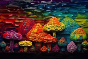 grupper av dekorativ svamp på svart psychedelic begrepp ai genererad foto