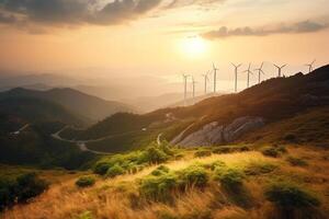 vind generatorer turbiner på solnedgång ai genererad foto