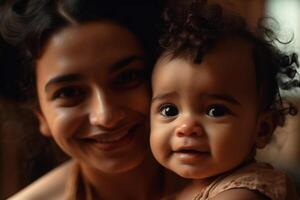 Lycklig leende ung indisk mor spelar med svart bebis flicka dotter. familj blandad lopp människor mamma och unge tillsammans kramas på Hem. äkta uppriktig livsstil med spädbarn unge barn ai genererad foto