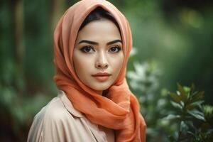 porträtt av skön asiatisk muslim kvinna bär traditionell Kläder. ai genererad. foto