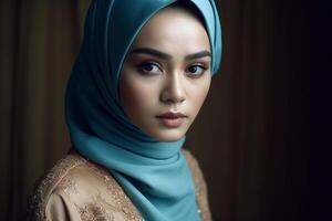 porträtt av skön asiatisk muslim kvinna bär traditionell Kläder. ai genererad. foto