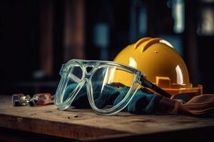 säkerhet skydd Utrustning arbete säkerhet. konstruktion webbplats skyddande Utrustning på trä- bakgrund illustration generativ ai foto