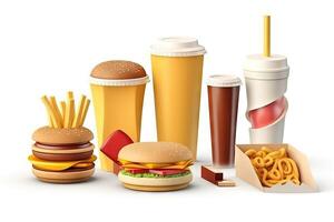 3d framställa burger och kaffe kopp, frites potatisar, ketchup isolerat på rwhite bakgrund illustration generativ ai foto