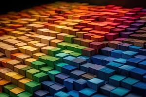 spektrum av staplade flerfärgad trä- block. bakgrund eller omslag för något kreativ, olika, expanderar, stigande eller växande illustration generativ ai foto