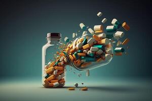 tabletter eller smärtstillande medicin flyga ut av de flaska på en medicinsk bakgrund med apotek och explosion begrepp illustration generativ ai foto
