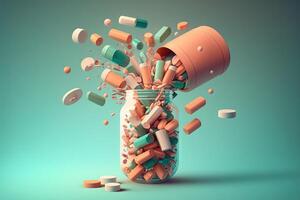 tabletter eller smärtstillande medicin flyga ut av de flaska på en medicinsk bakgrund med apotek och explosion begrepp illustration generativ ai foto