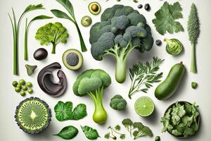 samling av grönt grönsaker på vit bakgrund illustration generativ ai foto
