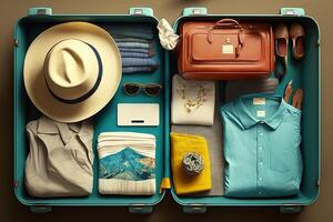 resa resväska packade med kläder och Tillbehör illustration generativ ai foto