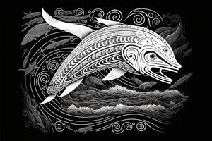 maori stam- jätte fisk skiss polynesisk tatuering mönster illustration generativ ai foto