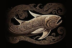 maori stam- jätte fisk skiss polynesisk tatuering mönster illustration generativ ai foto