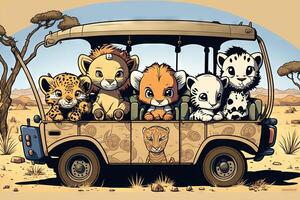 bebis safari djur i jeep illustration generativ ai foto