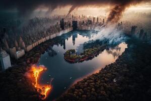 central parkera brinnande i brand ny york stad USA flygillustration generativ ai foto
