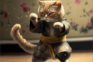de katt karate kämpe i en kimono illustration generativ ai foto