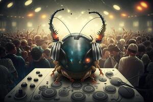 skalbagge insekt djur- är en bosatt dj i de klubb människor dans på bakgrund illustration generativ ai foto