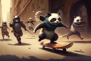 panda ridning en skateboard, varelse jagade förbi en grupp av ninja katter illustration generativ ai foto