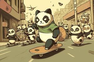 panda ridning en skateboard, varelse jagade förbi en grupp av ninja katter illustration generativ ai foto