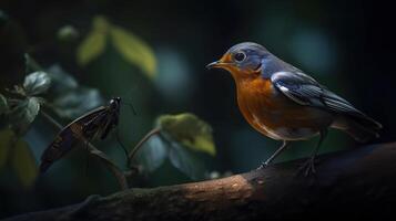 skön vild robin med fantastisk färger och en monark fjäril stående på en gren. mycket liten och söt fågel ser på en byte fjäril, ai generativ foto