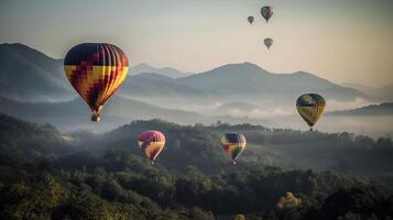 färgrik varm luft ballonger flygande ovan hög berg på soluppgång med skön himmel bakgrund, ai generativ foto