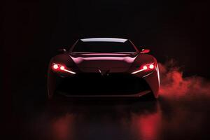 främre se mörk silhuett av en modern sport röd bil isolerat på mörk bakgrund med röd neon ljus och rök. ai genererad foto