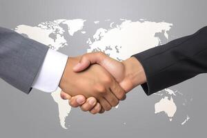 företag avtal handslag hand gest med en värld Karta i de bakgrund. ai genererad foto