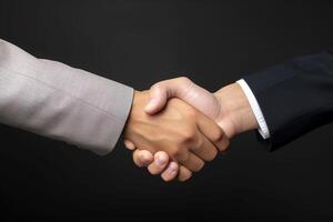 företag avtal handslag hand gest på mörk bakgrund. ai genererad foto