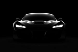 främre se mörk silhuett av en modern sport svart bil isolerat på svart bakgrund. ai genererad foto