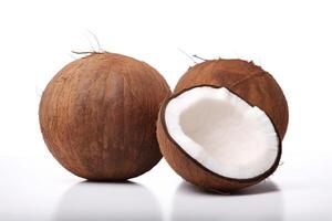 en hela och en halv kokos på en vit yta. ai genererad foto