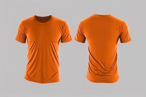 Foto realistisk manlig orange t-tröjor med kopia Plats, främre och tillbaka se. ai genererad