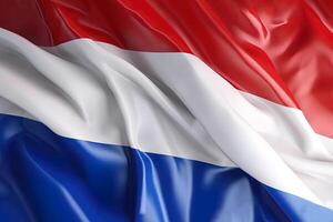 röd, vit och blå bakgrund, vinka de nationell flagga av Nederländerna, vinkade en i hög grad detaljerad närbild. ai genererad foto