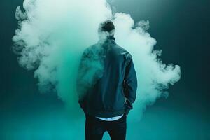 en man stående i främre av en moln av rök med de cyan tema. ai genererad foto