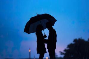 silhuett en par stående under ett paraply i de regn. ai genererad foto