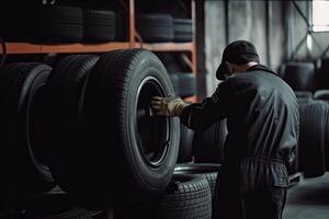 mekaniker service är ändring ny däck och hjul. på de garage bakgrund. generativ ai foto