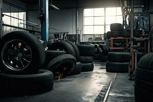 mekaniker service är ändring ny däck och hjul. på de garage bakgrund foto
